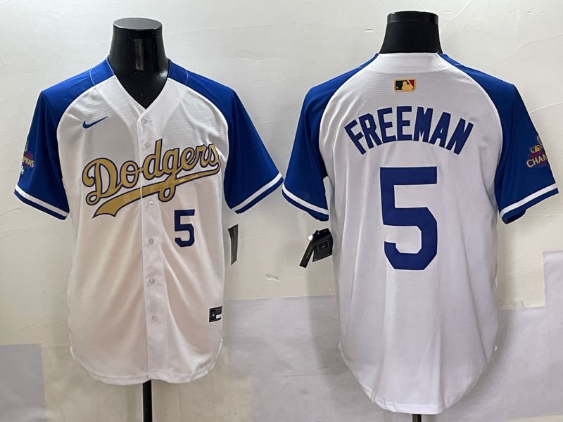 Men Los Angeles Dodgers 5 Freeman White Blue Champion gold character Nike 2025 MLB Jersey style 5051